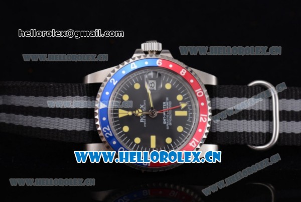 Rolex GMT-Master Asia 2813 Automatic Steel Case with Black Dial Black/Grey Nylon Strap and Red/Blue Bezel - Click Image to Close